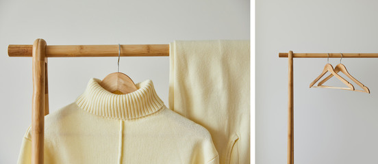 collage of beige knitted soft sweater and pants hanging on wooden hanger on white background