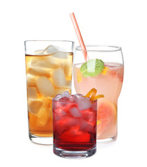 Set of different soft and strong refreshing drinks on white background