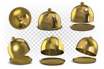 Set of restaurant cloche (serving dome). Gold serving dome. Different perspectives, views. Vector 3d realistic illustration isolated on white background.
