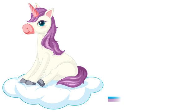 Cute purple unicorn in sitting position on white background