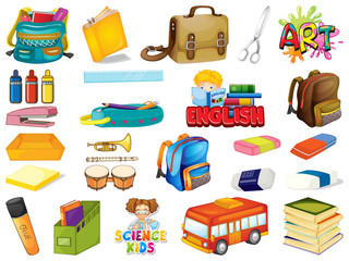 Large set of school items on white background