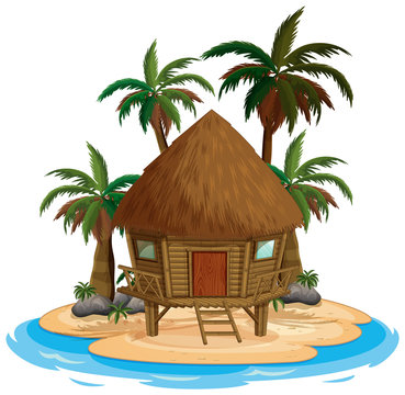 Scene with wooden house on the beach on white background