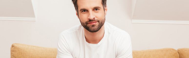 Fototapeta premium Panoramic crop of handsome man looking at camera on couch at home
