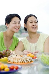 Woman sitting at the picnic table with her mother