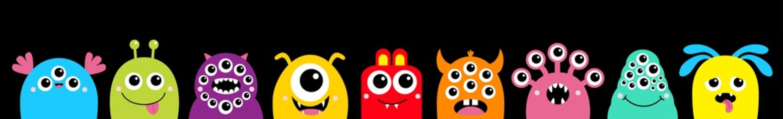 Obraz premium Monster face head set line. Cute kawaii cartoon colorful funny character icon. Happy Halloween. Eyes, horns, tongue, hands, fang teeth . Funny baby collection. Black background Flat design.