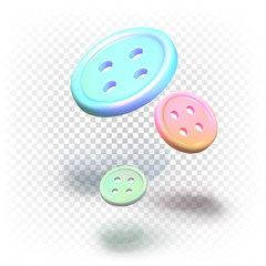 Flying round pastel color plastic sewing buttons for clothes. Handmade, tailoring concept. Materials for sewing. Vector 3d realistic illustration isolated on white background.
