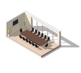 Isometric low poly conference room illustration. Meeting room icon.