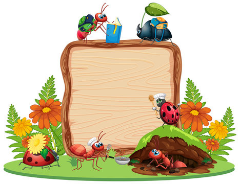 Border template design with insects in the garden background