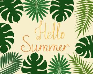Obraz premium Hello summer poster, banner or card. Frame of palm leaves with text