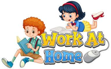 Fototapeta na wymiar Boy and girl with work at home sign