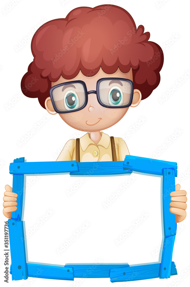 Wall mural blank sign template with cute boy on white background