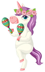 Cute purple unicorn in playing maracas position on white background