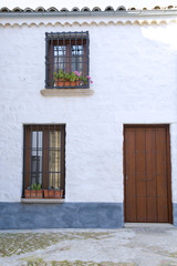 White old house facade with wooden door and two windows