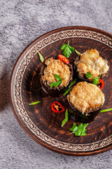 Arabian cuisine. Turkish eggplant dish with chicken and cheese. Background image. copy space