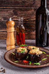Arabian cuisine. Turkish eggplant dish with chicken and cheese. Background image. copy space