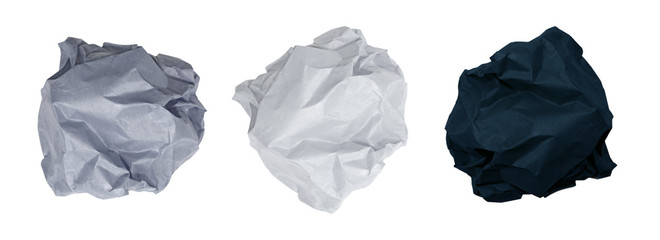 Set of white, gray, black colors paper balls isolated on white background. Symbol of idea, thought, planning. School, office, business concept. A clump of crumpled paper. Dry waste.