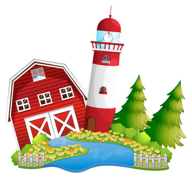 Isolated barn and lighthouse