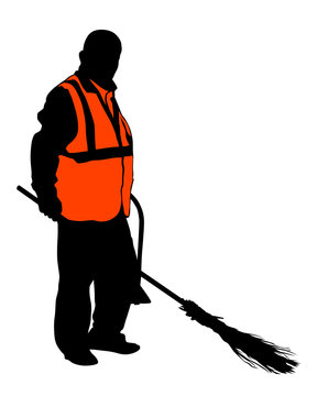 recommend clip art: Janitor in signal vest whit broom. Isolated silhouette on a white background