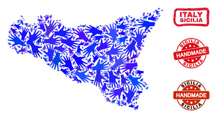 Vector handmade collage of Sicilia map and corroded stamp seals. Mosaic Sicilia map is done with scattered blue hands. Rounded and awry red stamp imprints with grunge rubber texture.