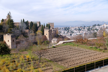 Fototapeta na wymiar Partial view of the Alhambra, in the background the city of Granada, Spain
