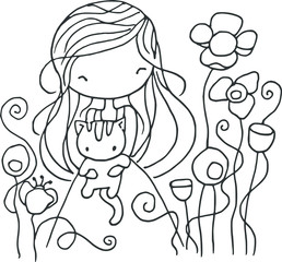 cartoon girls love flowers card