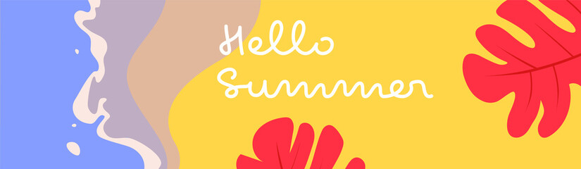 Hello Summer Tropical Beach Shoreline Vector Banner