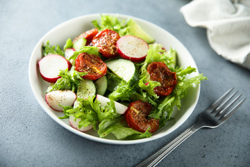 Healthy green salad with sun dried tomatoes