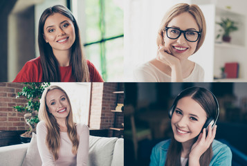 Multiple montage photo of group of person human lady of different age having live conversation in...