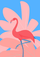 Pinkl Flamingo and Tropical Leaves Vector Illustration