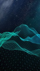 Abstract landscape on a dark background. Cyberspace grid. hi tech network. Outer space. Vertical orientation. Starry outer space texture. 3D illustration