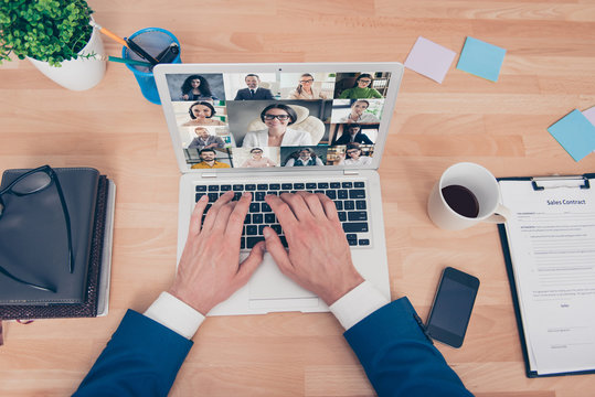 Using Modern Technology Lifestyle Holding Seminar Workshop By Employer Boss Concept. Top Above Pov First Person View Photo Of Professional Guy In Suit Type Common Message To Team Looking At Monitor