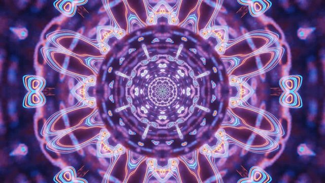 Slow moving motion graphics sci fi of blurry particles with neon purple lights and psychedelic patterns