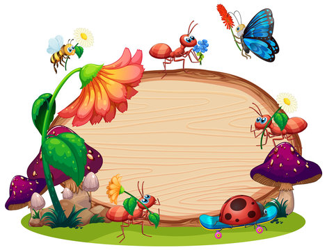 Border template design with insects in the garden background