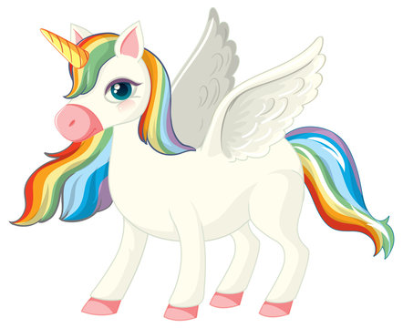 Cute rainbow unicorn in standing position on white background
