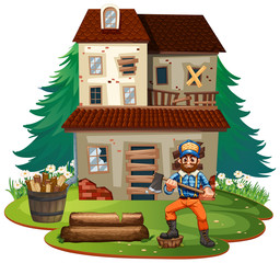 Lumberjack cutting wood in front of old house