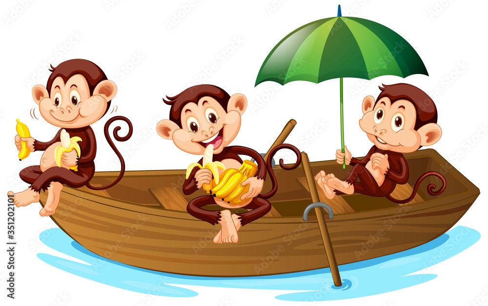 Wall mural three monkeys eating banana on the boat