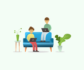 People Working From Home Concept. Freelancer Work at Home. Flat Character Illustration Design