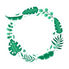Floral design card with green eucalyptus, tropical, and olive leaves. Circle wreath beautiful cute frame. Vector greeny illustration for wedding invitation, ad, and social media.
