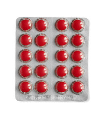 red pills in silver tablet isolated on white background with clipping path