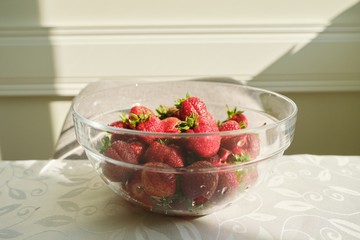 Bowl with natural garden organic strawberries. Ripe healthy sweet vitamin food