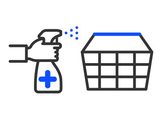 Sanitary treatment of a supermarket basket. Use a spray antiseptic to prevent the spread of disease. Vector illustration