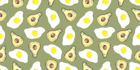 watercolor seamless pattern with colorful avocado and egg. Food illustration in vintage style for fabrics, paper, for invitations, greeting cards, business card