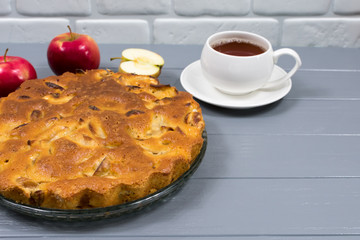 Homemade baked apple pie, in a plate, on a gray wooden table, ready to eat. Place for an inscription.