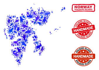 Vector handmade composition of Svalbard Islands map and scratched stamp seals. Mosaic Svalbard Islands map is made with random blue hands. Rounded and wry red seals with scratched rubber texture.