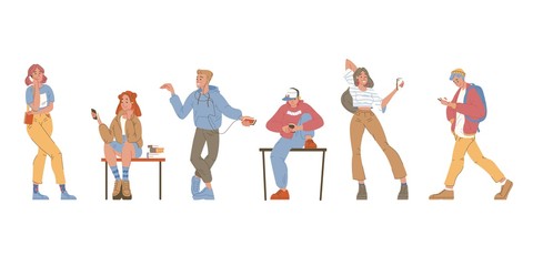 Young people with phone set. Teenager character talking, chatting, making selfie, listening music, studying, networking, browsing use smartphones. Digital gadget addiction. Communication technology