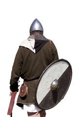 Medieval warrior in a pointed helmet chain mail with a round shield in black and white coloring with a sword in his hands with his back to the waist isolated on a white background