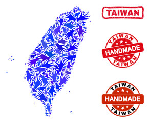 Vector handmade combination of Taiwan map and corroded seals. Mosaic Taiwan map is made with scattered blue hands. Rounded and crooked red seals with scratched rubber texture.