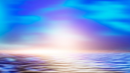 Sea landscape, sea surface. Blue sky, clouds, sunlight, rays. Empty natural scene in the open air. Blurred abstract background. Background of a sea landscape. Blue sky with clouds over the sea. 