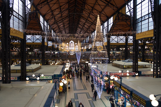 Christmas Interior of the Great Market Hall (Nagycsarnok). Budapest, Hungary