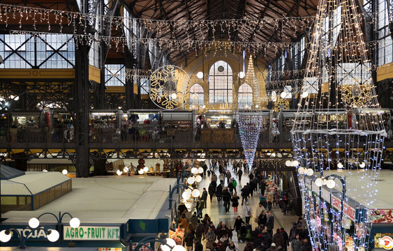 Christmas Interior of the Great Market Hall (Nagycsarnok). Budapest Hungary